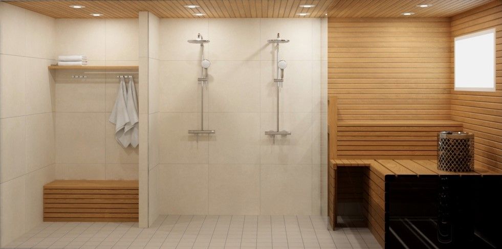 Pesuhuone ja sauna beigen sävyisellä laatoituksella